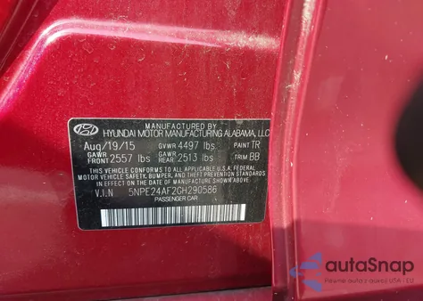 2016 Hyundai Sonata Se z USA, uszkodzony, nr VIN 5NPE24AF2GH290586